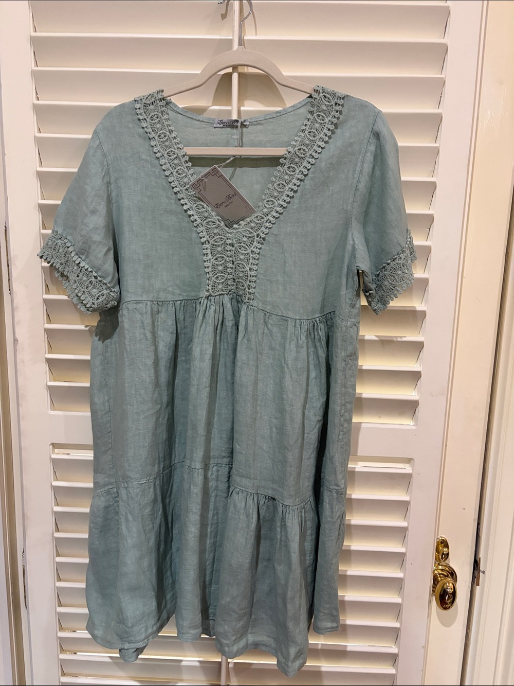 Elena Baldi Light Sage Crochet-Trim Tiered Dress. Size Small. NWT
